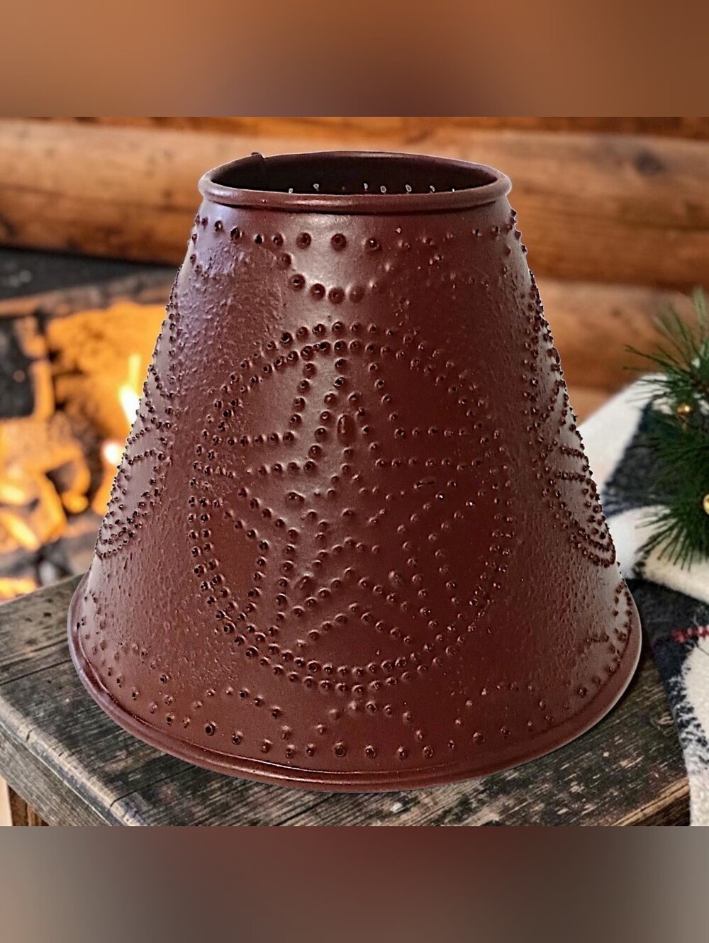Vtg Punched Tin Mini Lamp Shade Burgundy Primitive Farmhouse Lampshade Clip On